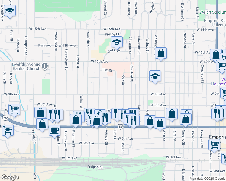 map of restaurants, bars, coffee shops, grocery stores, and more near 909 Elm Street in Emporia