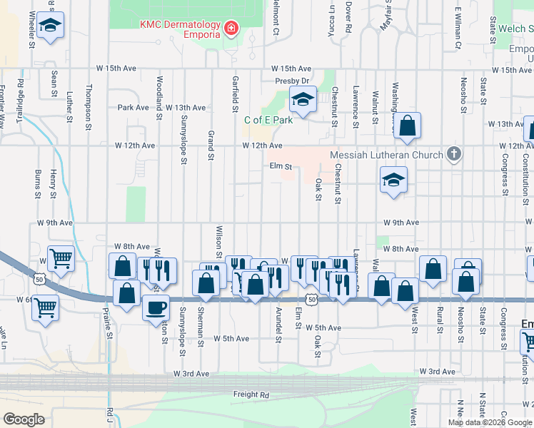 map of restaurants, bars, coffee shops, grocery stores, and more near 910 Lincoln St in Emporia