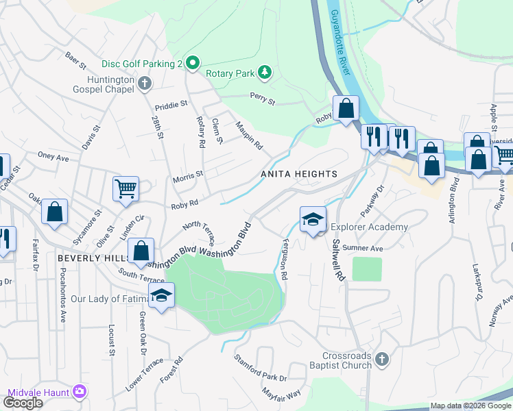 map of restaurants, bars, coffee shops, grocery stores, and more near 2908 Washington Blvd in Huntington