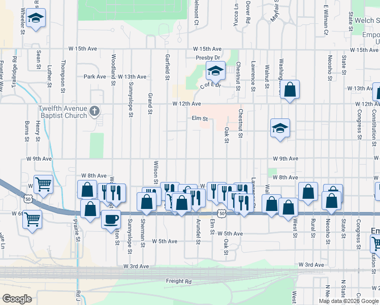 map of restaurants, bars, coffee shops, grocery stores, and more near 910 Lincoln Street in Emporia