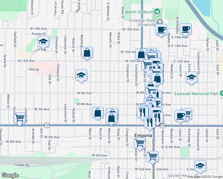 map of restaurants, bars, coffee shops, grocery stores, and more near 906 Neosho Street in Emporia