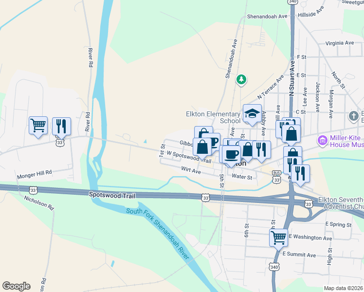 map of restaurants, bars, coffee shops, grocery stores, and more near 603 Gibbons Avenue in Elkton