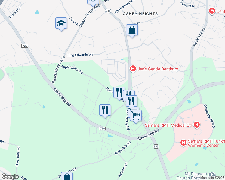 map of restaurants, bars, coffee shops, grocery stores, and more near 1643 Apple Valley Road in Harrisonburg
