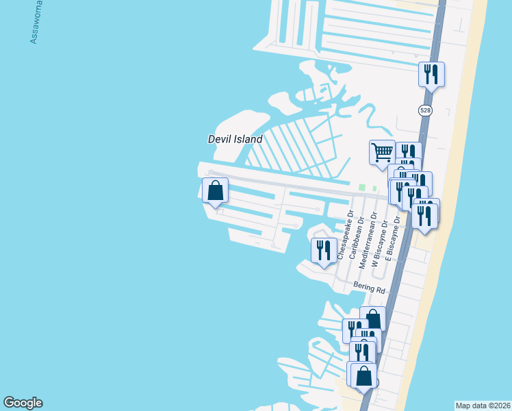 map of restaurants, bars, coffee shops, grocery stores, and more near 745 Mooring Road in Ocean City