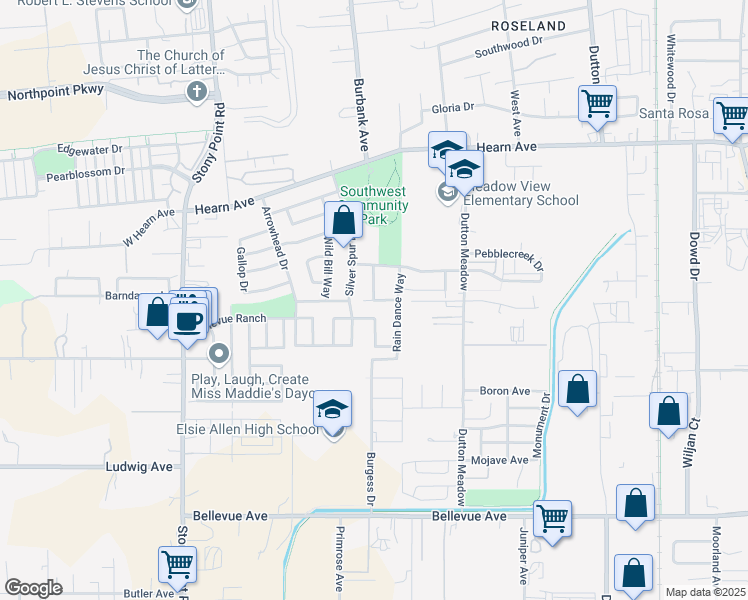 map of restaurants, bars, coffee shops, grocery stores, and more near Lone Star Court & Red River Way in Santa Rosa
