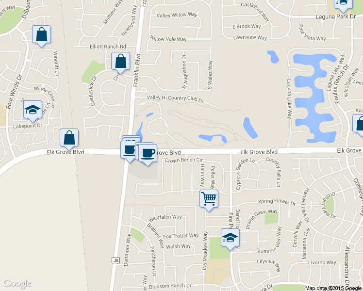 map of restaurants, bars, coffee shops, grocery stores, and more near 9612 Golf Course Lane in Elk Grove