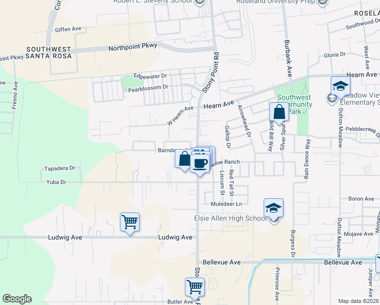 map of restaurants, bars, coffee shops, grocery stores, and more near 2604 Barndance Lane in Santa Rosa