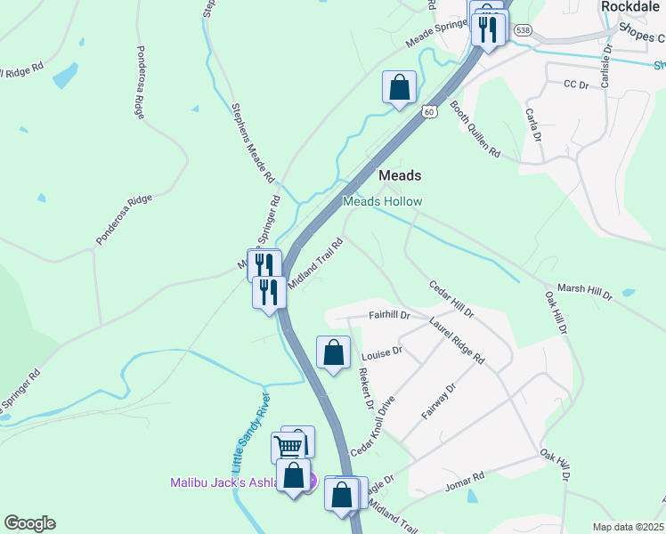 map of restaurants, bars, coffee shops, grocery stores, and more near 9012-9199 Midland Trail Road in Ashland