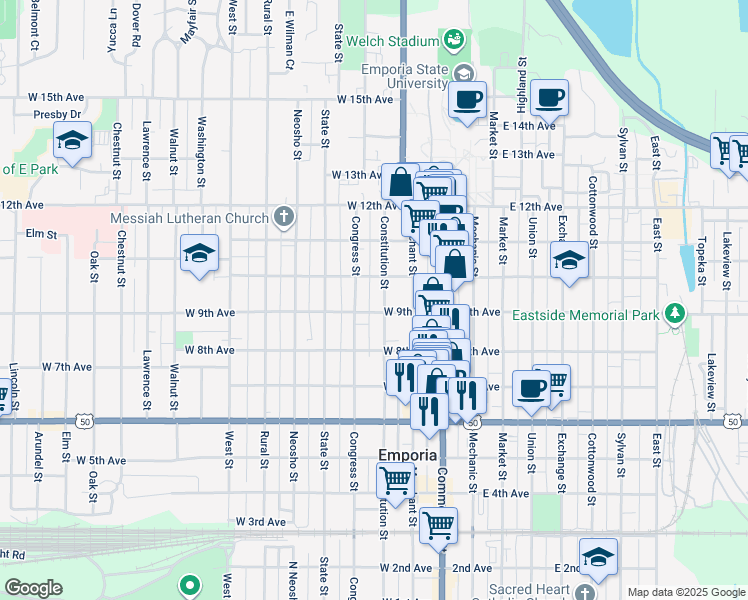 map of restaurants, bars, coffee shops, grocery stores, and more near 901 Constitution Street in Emporia