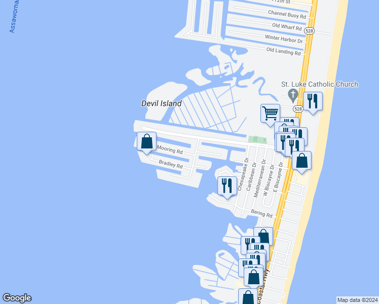map of restaurants, bars, coffee shops, grocery stores, and more near 712A Mooring Road in Ocean City