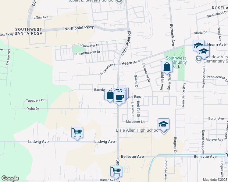 map of restaurants, bars, coffee shops, grocery stores, and more near 2604 Barndance Lane in Santa Rosa
