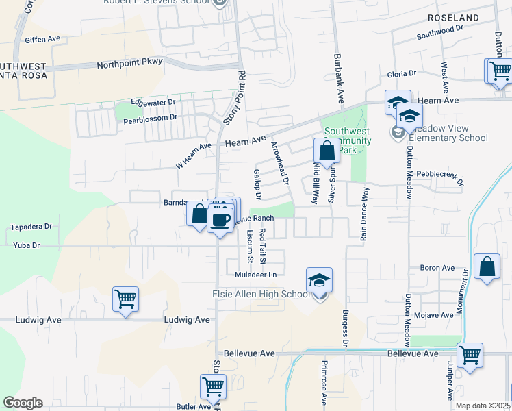 map of restaurants, bars, coffee shops, grocery stores, and more near 1974 Barndance Lane in Santa Rosa