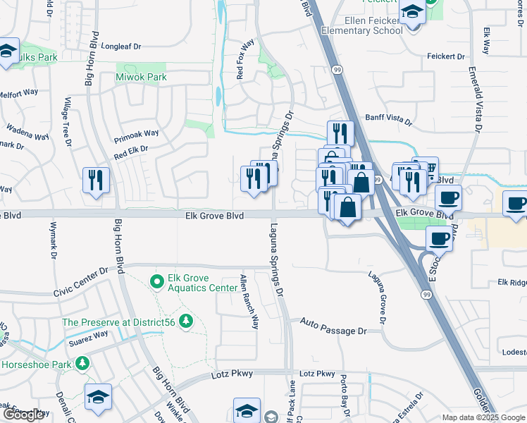 map of restaurants, bars, coffee shops, grocery stores, and more near 8359 Elk Grove Boulevard in Elk Grove