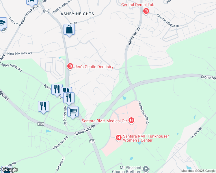 map of restaurants, bars, coffee shops, grocery stores, and more near 2460 Isaac Lane in Harrisonburg