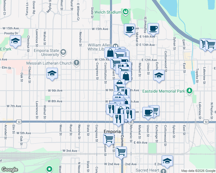 map of restaurants, bars, coffee shops, grocery stores, and more near 901 Constitution Street in Emporia