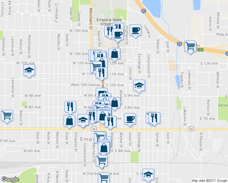 map of restaurants, bars, coffee shops, grocery stores, and more near 906 Mechanic Street in Emporia