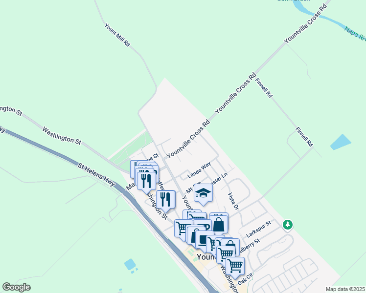 map of restaurants, bars, coffee shops, grocery stores, and more near Yountville Cross Rd & Tallent Ln in Yountville