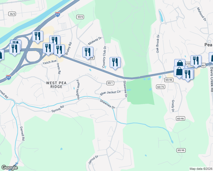 map of restaurants, bars, coffee shops, grocery stores, and more near 5422 Lea Hill Drive in Huntington