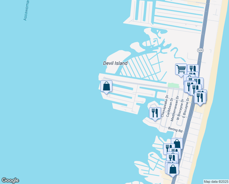 map of restaurants, bars, coffee shops, grocery stores, and more near 725B Mooring Road in Ocean City