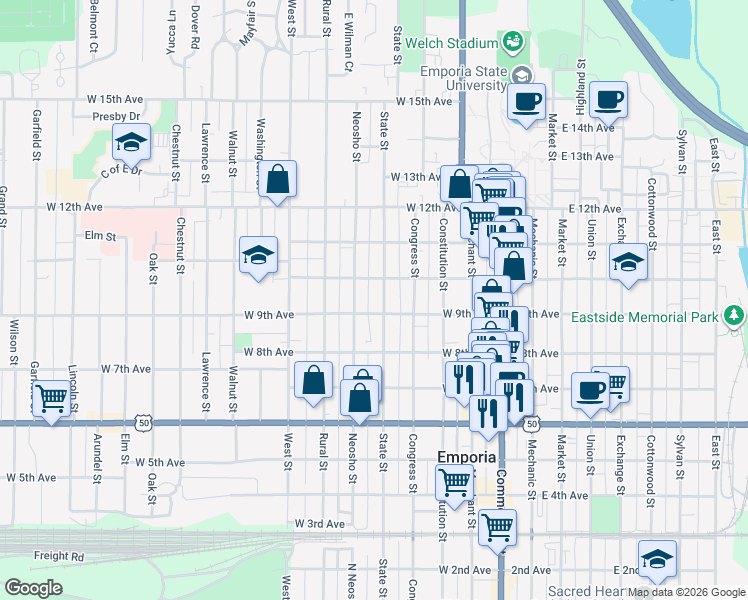 map of restaurants, bars, coffee shops, grocery stores, and more near 906 Neosho Street in Emporia