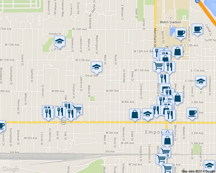 map of restaurants, bars, coffee shops, grocery stores, and more near 912 West Street in Emporia