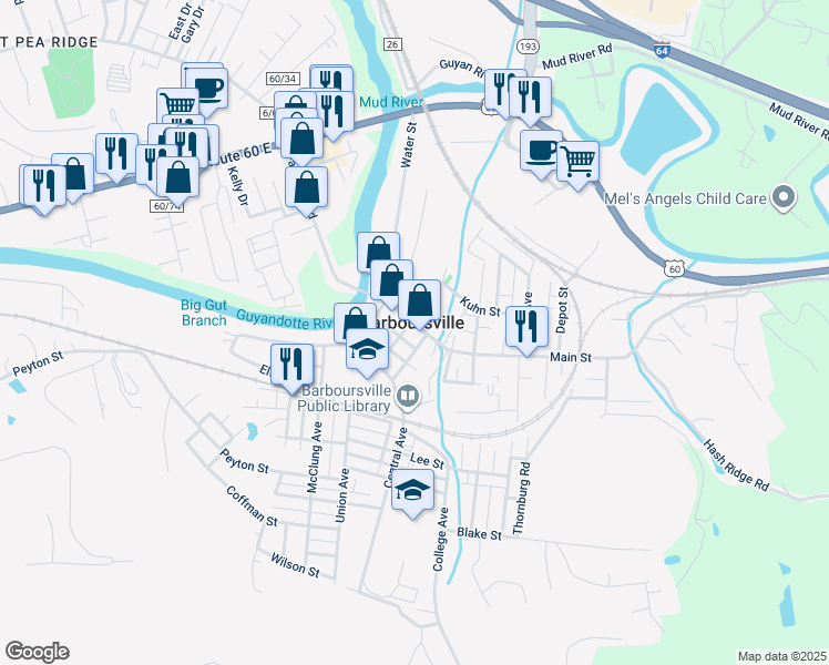 map of restaurants, bars, coffee shops, grocery stores, and more near in Barboursville