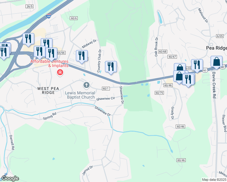 map of restaurants, bars, coffee shops, grocery stores, and more near 5474 Shawnee Circle in Huntington