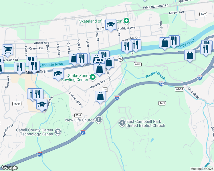 map of restaurants, bars, coffee shops, grocery stores, and more near 1043 County Road 44 in Huntington