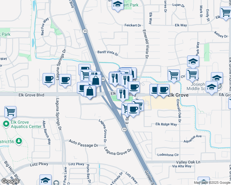 map of restaurants, bars, coffee shops, grocery stores, and more near 8520-8536 Elk Grove Boulevard in Elk Grove