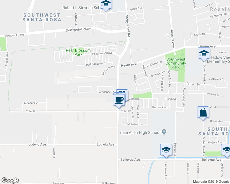 map of restaurants, bars, coffee shops, grocery stores, and more near 2601 Barndance Lane in Santa Rosa