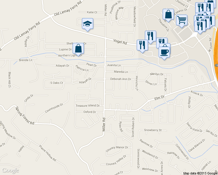 map of restaurants, bars, coffee shops, grocery stores, and more near 2842 Jeffrey Court in Arnold
