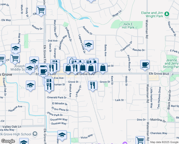 map of restaurants, bars, coffee shops, grocery stores, and more near 9081 Elk Grove Boulevard in Elk Grove