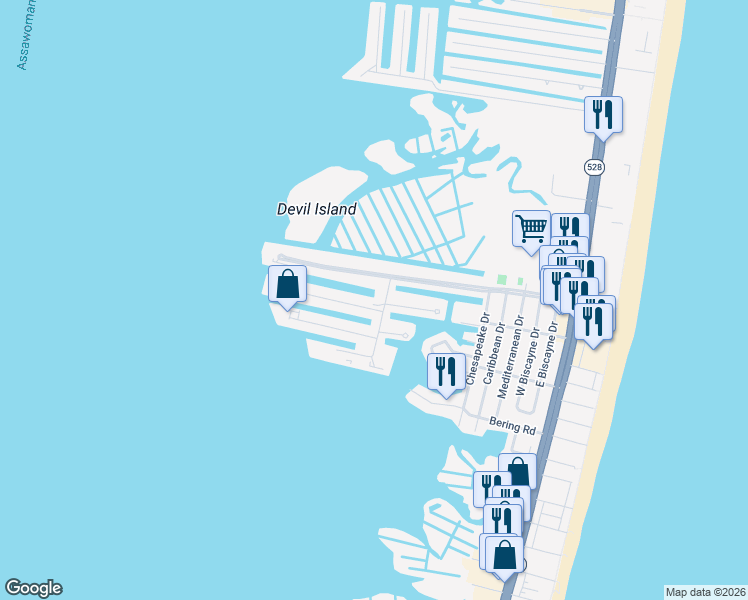map of restaurants, bars, coffee shops, grocery stores, and more near 712A Mooring Road in Ocean City