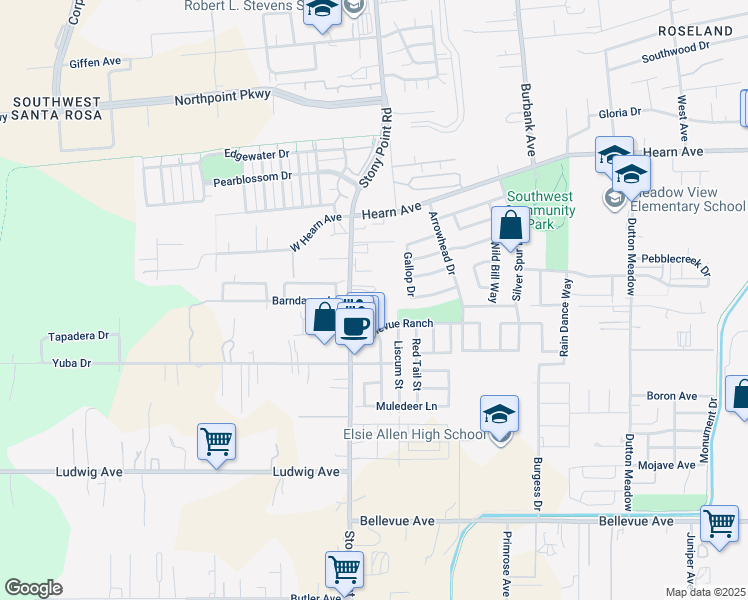 map of restaurants, bars, coffee shops, grocery stores, and more near 2722 Stony Point Road in Santa Rosa