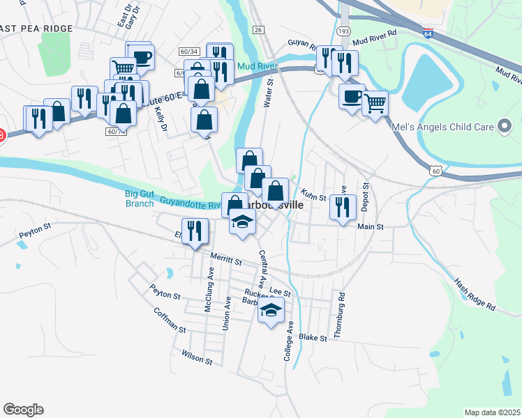 map of restaurants, bars, coffee shops, grocery stores, and more near in Barboursville