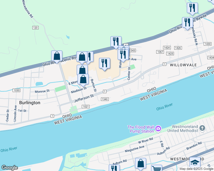 map of restaurants, bars, coffee shops, grocery stores, and more near 7743 County Road 1 in South Point