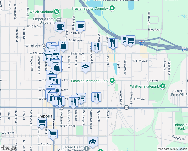 map of restaurants, bars, coffee shops, grocery stores, and more near 902 Exchange Street in Emporia