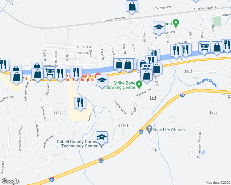 map of restaurants, bars, coffee shops, grocery stores, and more near 1104 Norway Avenue in Huntington