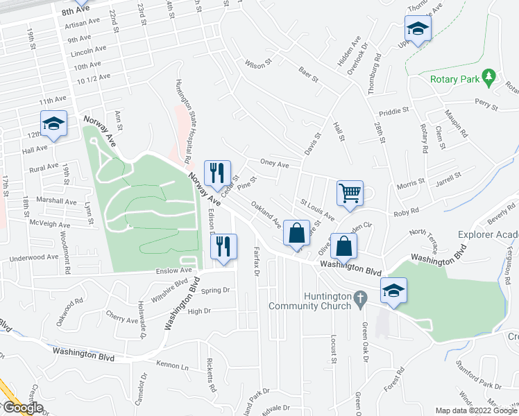 map of restaurants, bars, coffee shops, grocery stores, and more near 201 Grace Street in Huntington