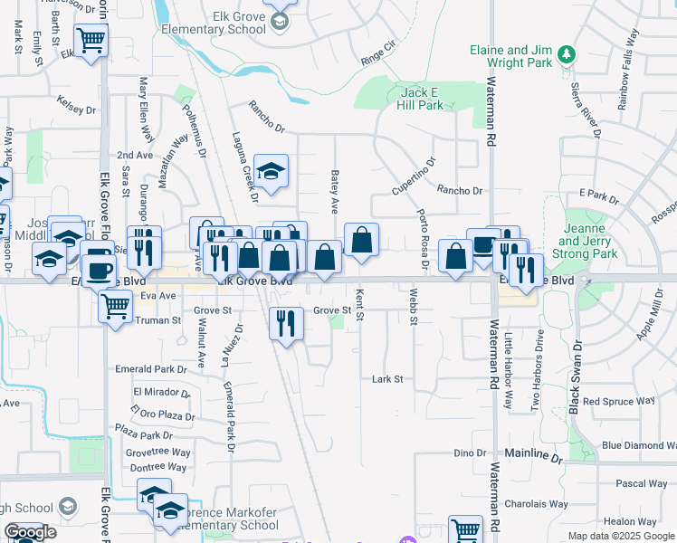 map of restaurants, bars, coffee shops, grocery stores, and more near 9141 Elk Grove Boulevard in Elk Grove