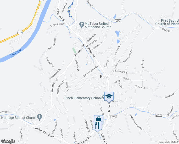 map of restaurants, bars, coffee shops, grocery stores, and more near McGrew Drive in Elkview