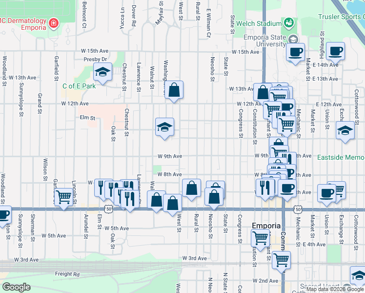 map of restaurants, bars, coffee shops, grocery stores, and more near 916 West Street in Emporia