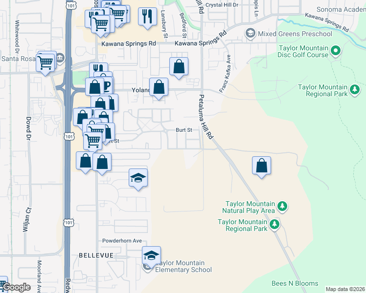 map of restaurants, bars, coffee shops, grocery stores, and more near 2563 Thistle Creek Street in Santa Rosa