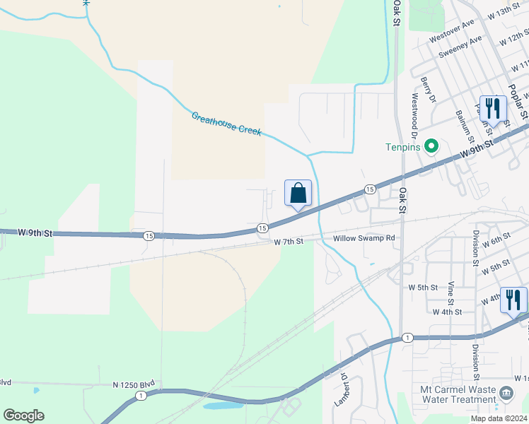 map of restaurants, bars, coffee shops, grocery stores, and more near 928 Enterprise Lane in Mount Carmel