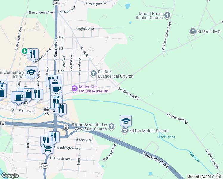 map of restaurants, bars, coffee shops, grocery stores, and more near 566 East Rockingham Street in Elkton