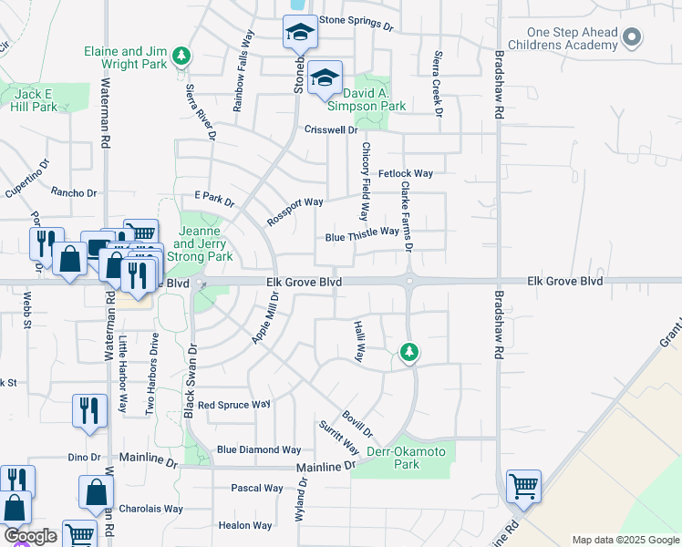 map of restaurants, bars, coffee shops, grocery stores, and more near 9517 Grasmeer Way in Elk Grove