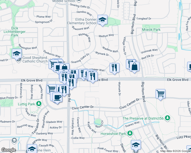 map of restaurants, bars, coffee shops, grocery stores, and more near 7706 Brabham Way in Elk Grove