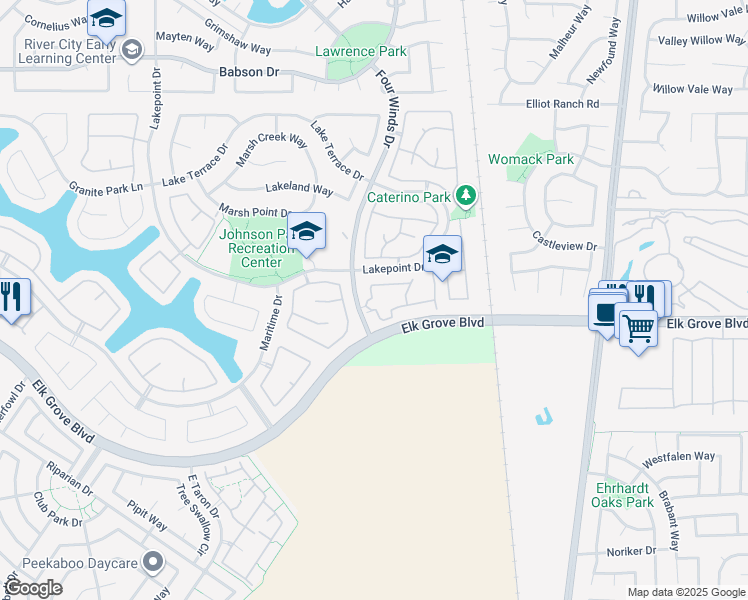 map of restaurants, bars, coffee shops, grocery stores, and more near 9589 Four Winds Drive in Elk Grove