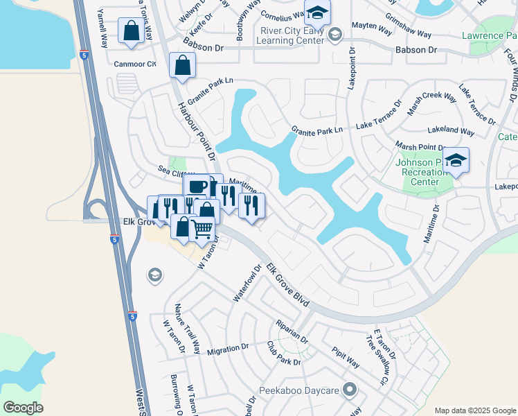 map of restaurants, bars, coffee shops, grocery stores, and more near 9545 Coney Island Circle in Elk Grove