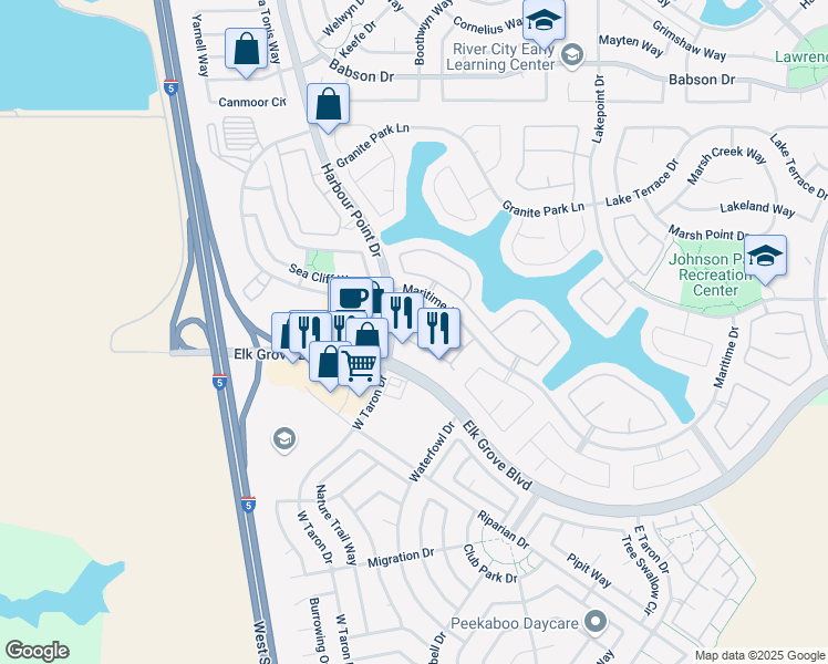 map of restaurants, bars, coffee shops, grocery stores, and more near 2733-2745 Elk Grove Boulevard in Elk Grove